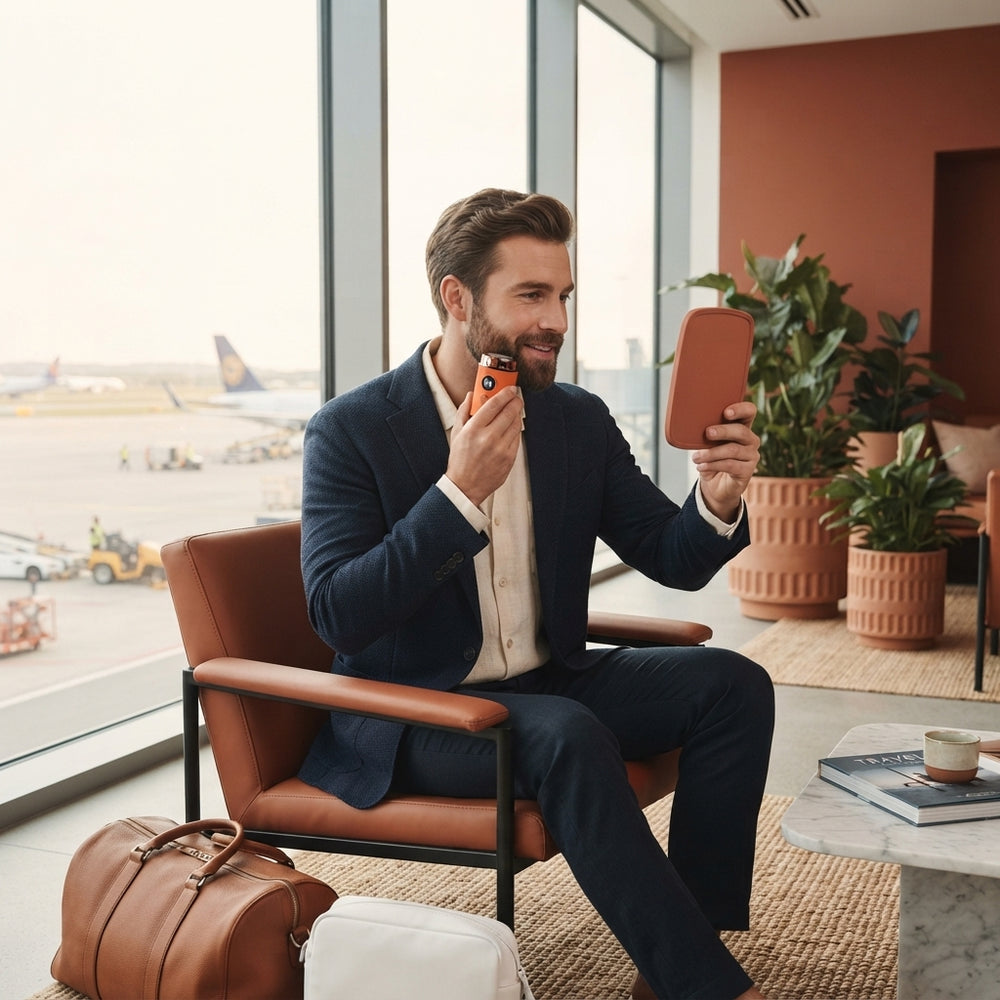 A man using a compact orange electric shaver in an airport lounge to groom his face.