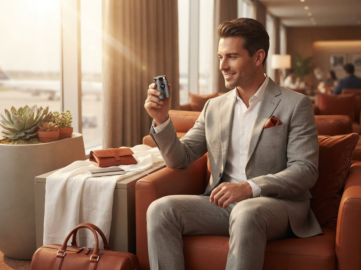 A man in a modern airport lounge holding a compact orange electric shaver, showcasing travel-ready grooming.