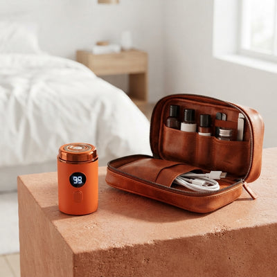 Vibrant orange electric mini pocket shaver sitting on a terracotta stone surface next to a leather travel kit.